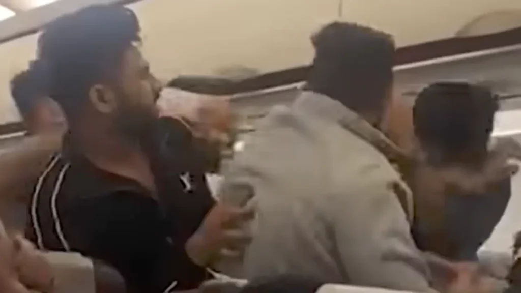 Video Crazy mass brawl broke out on Thai Airlines between Indian passengers fighting each other in full swing NewsJive