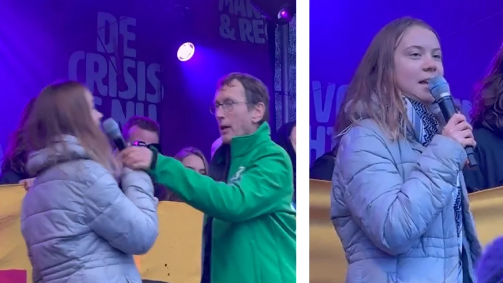 Some climate dude in a fist fight with Greta Thunberg over a microphone at some rally NewsJive